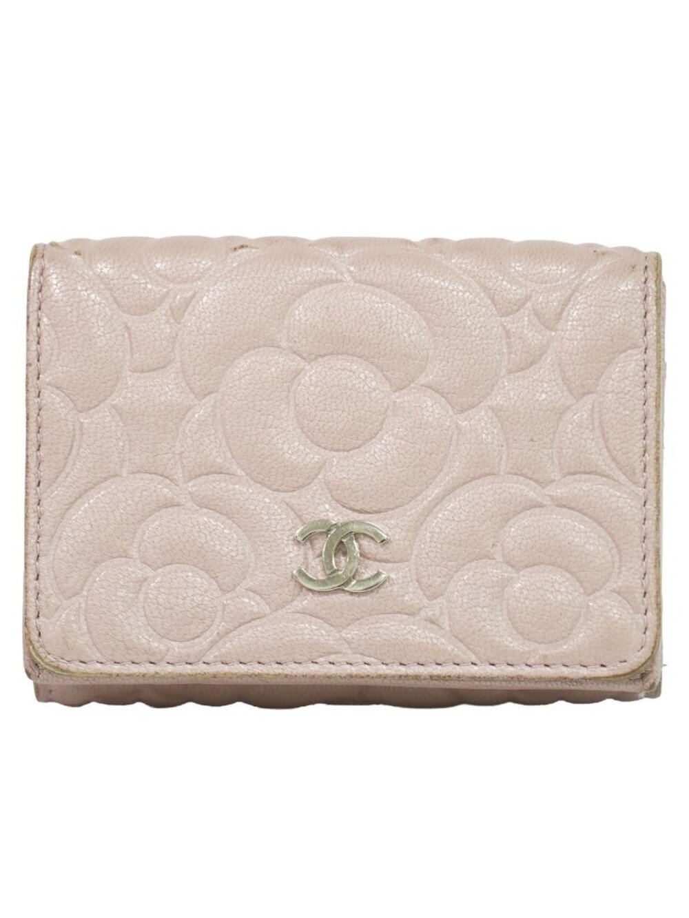 Chanel Camellia CC Logo Trifold Folded Wallet Compact Leather Pink